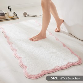 Ohocut Luxury Microfiber Scalloped Runner Rug, White Bath Rug with Pink Scalloped Piping Cute Aesthetic Bath Mat for Bathroom, Tub, Floor Carpet, Sink, Shower, Anti Slip, Extra Soft, Absorbent, 47x24