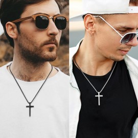 Romass 2 Pcs Cross Necklace for Men Boys,Stainless Steel Pendant Silver Black Crosses Chain Jewelry Gifts Box 16-30 inches（18in,Cross Pendant 1.7"*1.0",Silver/Black）