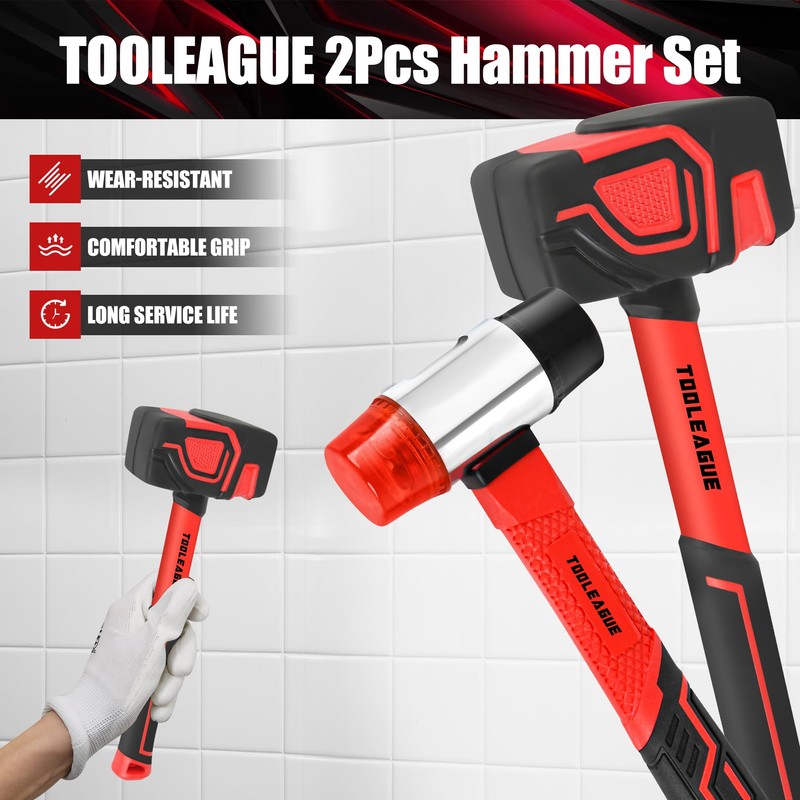 TOOLEAGUE 2Pcs Hammer Set,16oz Rubber Mallet & 35mm Double-Faced Soft