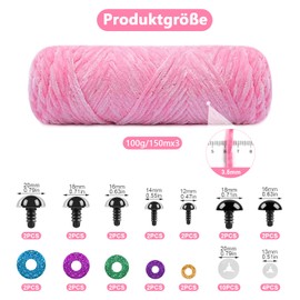 Mngevcy 3 x 150 m Chenille Wool for Crochet, Fluffy Wool, Soft Chenille Yarn with Safety Eyes for Knitting (Pink)