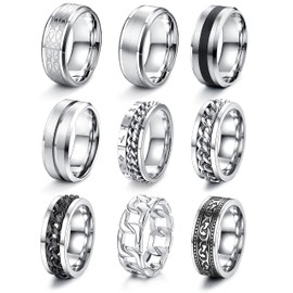 JeweBella Men's Stainless Steel Rings Polished Silver Celtic Knot Vintage Biker Rings Black Chain Rings Viking Gothic Rings Set Engagement Friendship Rings for Men 9 Pieces, Stainless Steel