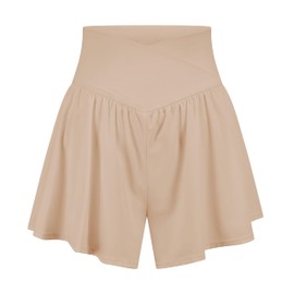 EZPERY - Pantalones cortos deportivos cruzados para mujer, con bolsillos, elastano, mariposa, para entrenamiento, tenis, Beige, M
