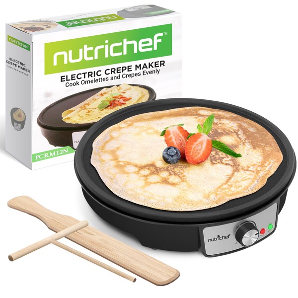 nutrichef Electric Crepe Maker Pan & Griddle, 12 Inch Nonstick Cooktop, LED Indicators & Adjustable Temperature Control, Includes Spatula, Batter Spreader, Cooks Crepes, Roti & Pancakes