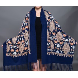 GFM® Embroidered Cashmere Feel Pashmina Style Shawl - Autumn-Winter - Valentine's Mother;s Day Christmas - 3 Navy Blue -(EMBSHL-3-GHNL)
