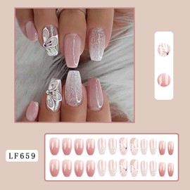 Press on Nails Medium Coffin SWEKKE Fake Nails Pink Full Cover False Nails with Flower Designs Glitter Glossy Glue on Nails Acrylic Nails Stick on Nails Artificial Nails for Women Girls 24 Pcs