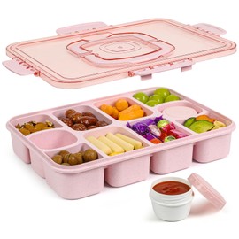 Caperci Snackle Box Container - Large 10-Compartment Divided Serving Tray with Lid and Handle, Built-in 2 Dip Containers, Dishwasher Safe, Leak-Proof, Wheat Straw, BPA-Free (Pink)