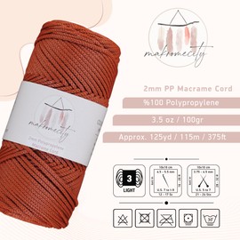 Makromecity, Polyester Macrame Cord 2mm x 375 Yards (1125 feet) 3 skeins of 2mm Polypropylene Brick Macrame Cord Crochet Macrame Bag Cord Crafts for Wall Hangings, Bags, Underplate, Rug