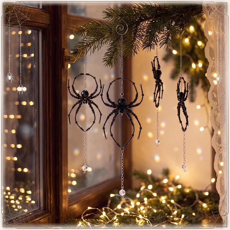 4 Pcs Large Black Halloween Spider Beaded Hanging Ornaments