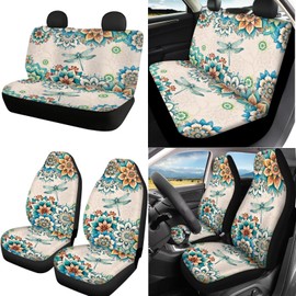 Pensura Car Seat Covers Full Set 7 Pcs with Steering Wheel Cover, Center Console Pad, Safety Belt Pads, Boho Blossoms Dragonfly Auto Seat Cover Fit Most SUV Truck Car Interior Accessories Decoration