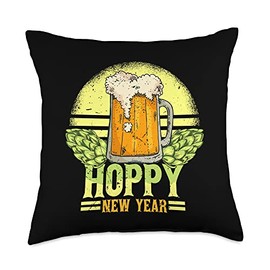 Beer New Year Pun Outfit Happy New Year Beer Drinking Funny Hoppy Pun Humor Throw Pillow, 18x18, Multicolor