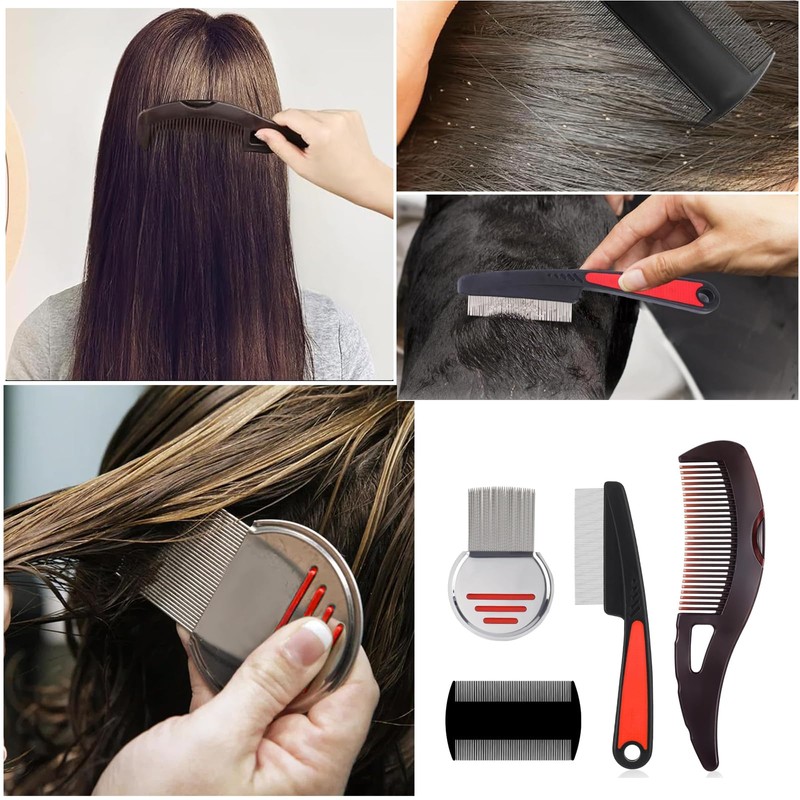 4-Piece Dandruff Comb Set, Stainless Steel Fine Tooth Lice Comb,