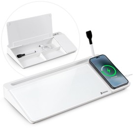 Varhomax Glass Desk Whiteboard with Wireless Charger, Desktop Dry Erase White Board with Storage, Desk Board Buddy to Do List Memo Notepad for Home and Office
