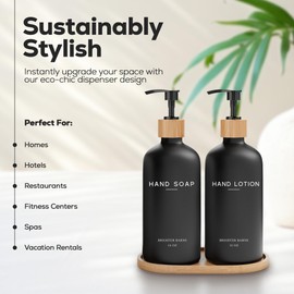 Black Glass Soap Dispenser Bathroom Set by Brighter Barns - Soap and Lotion Dispenser Bathroom Set with Tray- Liquid Hand Soap Dispenser and Pump - Bamboo Bathroom Accessories & Modern Bathroom Decor