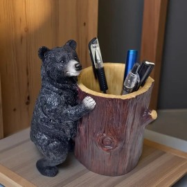1pc Black Bear Resin Pen Holder, Realistic Standing Bear Desk Organizer, Resin Decorative Pen Holder & Vase, Perfect for HomeColor: Black, Size: M
