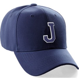 Daxton Classic Baseball Hat Custom A to Z Initial Team White Navy Letter, Navy Cap Lettter J