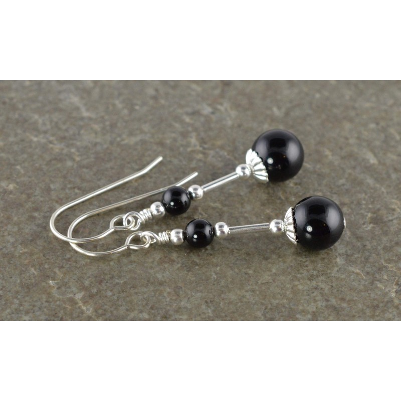 Black Onyx Gemstone & Sterling Silver Hook Drop Earrings with
