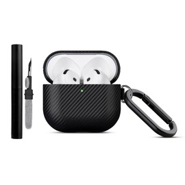 Haobobro [Carbon Fiber Texture] Handmade for AirPods 4 Case - Premium PU Leather Protective Case with Carabiner & Cleaning Kit - Compatible with AirPods 4th Generation Headphones Charging Case - Black