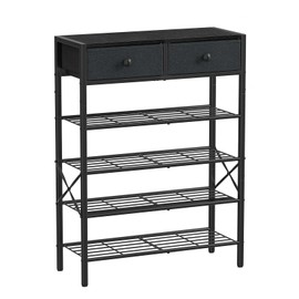 UNITSTAGE Shoe Rack for Entryway, 5 Tier Shoe Organizer with 2 Non-Woven Drawers, Metal Storage Shoe Shelf for 16-20 Pairs of Shoes, with Wooden Top and Steel Frame, Shoe Stand for Closet Black Grey