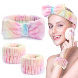 Xioldiz 3PCS Spa Headband and Wristbands Set for Women, Soft Microfiber Face Wash Headband with Cute Bow, Elastic Absorbent Wrist Towels, Makeup Skincare Accessories for Facial, Shower, Yoga