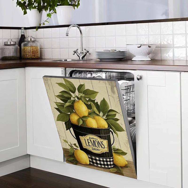 Washable Farmhouse Lemon Bucket Dishwasher Magnetic Cover for Kitchen Decor,Refrigerator