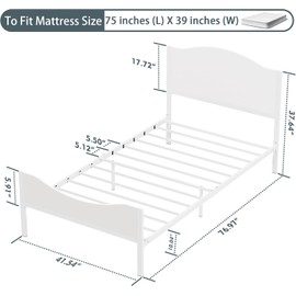 Timy Kids Twin Bed Frame with Wooden Headboard and Footboard, Metal Platform Bed Frame for Boys Girls Teens Adults, Modern Kids Furniture, No Box Spring Needed, White