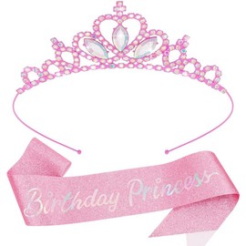 "Birthday Princess Sashes and Tiaras for Girls Birthday Pink Crowns Women Party Accessories Kit Happy Decorations Set Glitter Sash Crystal Rhinestone - Color: Princess Pink with Sash (2)