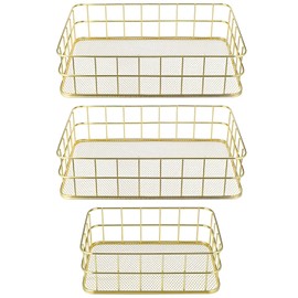 3 Pcs Gold Wire Baskets Set - Gold Baskets for Decor with 2 Large & 1 Small Metal Mesh Organizers for Home Office Desk Bathroom Storage (9.6x6.5x2.5 inch & 6.7x4.7x2.4 inch)
