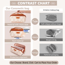 Premium PU Leather Waterproof Makeup Organizer Bag with Dividers,Handle, and Wipe-clean Brush Compartment, Large Checkered Travel Cosmetic Bag, Portable Open Flat Toiletry Bag for Women,Brown