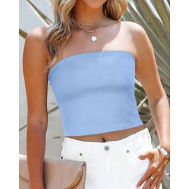 CHICGAL Womens Tube Tops Strapless Bandeau Tank Casual Going Out Y2K Short Sleeveless Shirts(Light Blue,L)