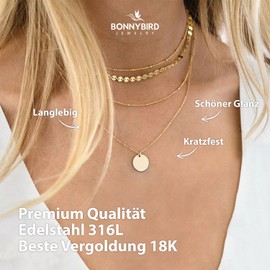 BONNYBIRD® Layering Ketten Set Gold - Boho Kette Damen Mehrreihige Kette Gold mit Anhänger Edelstahlkette Dreifach Kette Plattenkette Goldkette Damen