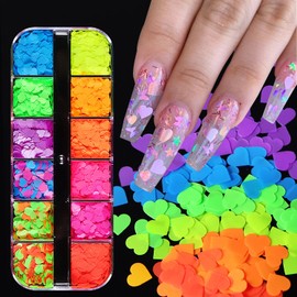 Heart Glitter Nail Art Flakes 3D Fluorescent Love Heart Nail Art Sequins Designs 12 Colors Holographic Big Hearts Nail Supplies for Women Manicure Valentine's Day Decorations DIY Resin Nail Art Tips