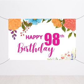 ALLUREVIE Happy 98th Birthday Decoration Backdrop Birthday Banner Floral Birthday Party Decoration Photo Background Anniversary Party Supplies - 71 x 44 Inches