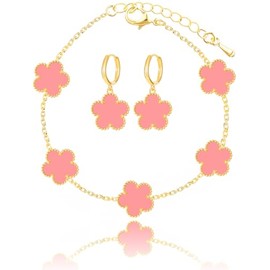 Qinpan Gold Plated Five Leaf Clover Dot Bracelet and Dangle Earrings Set for Women Lucky Flower Jewelry, 13*13mm, Stainless Steel, No Gemstone