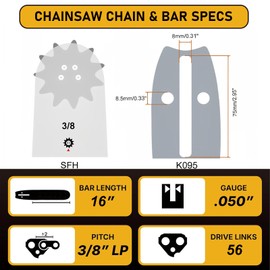 16 Inch Chainsaw Bar & Chain Combo - 3/8" LP Pitch, .050" Gauge, 56 Drive Links Fits Craftsman, Poulan, Ryobi, Echo, Greenworks, EGO& More (4 Chains+ 1 Bar)
