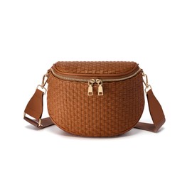 Trendy Woven Checkered Crossbody Bum Bag for Women，PU Leather Checkered Purse Fanny Packs Belt Bag (Woven Bum Bag - Pure Brown)