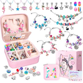 Charm Bracelet Making Kit for Girls - 77 Pcs Jewelry Making Kit with Initial Jewelry Organizer Box,Unicorn DIY Charm Bracelet Kit Arts Craft Gifts Set for Girls Age 5 6 7 8-12 Birthday Christmas