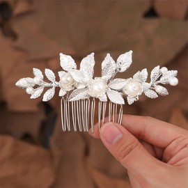 JONKY Leaf Bride Wedding Hair Comb Silver Bridal Headpieces Pearl Hair Side Combs Clip Bridesmaid Hair Accessories for Women and Girls