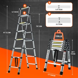 Extension Step Ladder Aluminum, Multi-Purpose Telescopic Ladder, 6+7 Step Ladder Anti-Slip, 330lb Capacity A-Frame Telescoping Ladder, Collapsible Ladders for Repairing Roof, DIY, Office, Outdoor