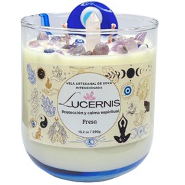 Lucernis Vela Aromática de Soya con Cuarzos de Amatista y Ojo Turco – Protección y Calma Espiritual – Aroma a Fresa