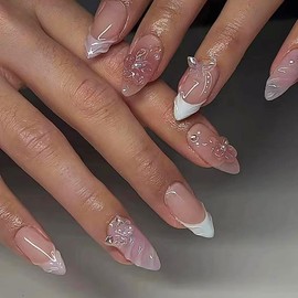 24 Pcs Spring Press on Nails Short Almond,LINMEIZAI White French Fake Nails Press ons Nail Tips Kit Glue on Nails Full Cover Acrylic False Nails with 3D Flower Butterfly Nail Art Design for Women