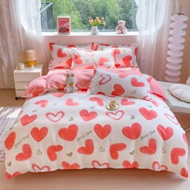 OranFran Kids Cartoon Bedding Set Love Hearts Duvet Cover 3PCS Kawaii Duvet Cover Set, Ultra-Soft Comforter Cover Reversible Design for Girls Boys(Queen,Heart)