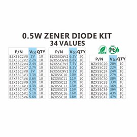Chanzon 34 Values 0.5W Zener Diode Assorted Kit (2V 2.2V 2.4V 2.7V 3V 3.3V 3.6V 3.9V 4.3V 4.7V 5.1V 5.6V 6.2V 6.8V 7.5V 8.2V 9.1V 10V 11V 12V 13V 15V 16V 18V 20V 22V 24V 27V 30V 33V 36V 39V 43V 47V)