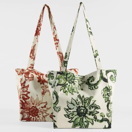 HPD Half Price Drapes Reusable Grocery Shopping Bags, 2 Pack Lightweight Cotton Tote Bags PRTW-GB81614-ST, Indonesian Green/Rust