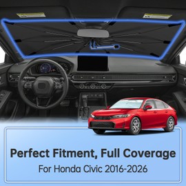 Windshield Sun Shade Umbrella for Honda Civic 2016-2026, Foldable Sunshade for Car Front Window, 360 Rotation Automotive Interior UV Protection for Outdoor Parking, Keep Car Cool