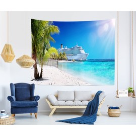 Loccor Cruise Ship Tapestry Caribbean Sea Palm Tree Coral Beach Tapestry Wall Hanging 80" X 60" Large Tropical Island Summer Holiday Tapestries Wall Art for Bedroom Living Room Dorm Home Decor