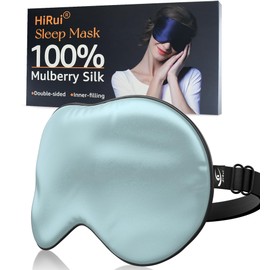 HiRui Silk Sleep Mask, 100% Natural Mulberry Silk of Double-Sided & Inner-Filling, Ultra-Smooth Soft, Adjustable Strap, Blocks Light for Night Sleeping, Travel, Office Naps (Light Blue)