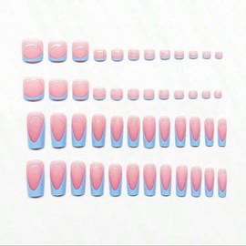 Blue French Press on Nails Medium & Press on Toenails Set - Square Fake Nails Press ons Nail Art Tips Glue on Nails Full Cover False Toe Nails with Design Stick on Nails Acrylic Nail Kit