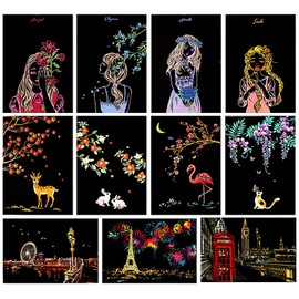 Magic Scratch Art Paper(7.9"x5.5"), Rainbow Landscape Engraving Art Mini Scratchboard Pads for Adults & Kids, Craft Set: 12 Sheets Scratch Postcard Cards & Drawing Pens, Brush (City Living)