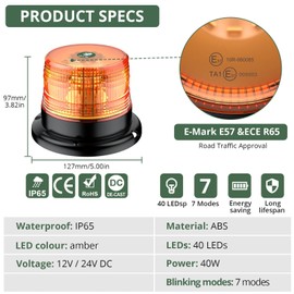 EYPINS 40 LED Rundumleuchte, 40W Auto Warnleuchte, Rundumleuchte Orange, Magnet Warnlicht Blinkleuchte Strobe Beacon Light IP67 für 12V/24V Truck, KFZ, LKW, Traktor | E57 IP67