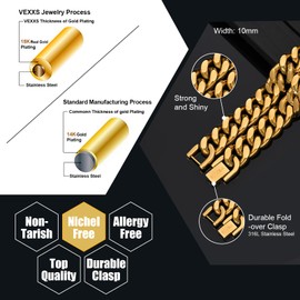 VEXXS Cuban Chain Necklace,Flat Curb Chain for Men, 10/12mm 18K Real Gold Plated Gold Chain, Durable No Color Fading Men’s Necklace Chain Street Wear Hip Pop Urban Fashion Mens Jewelry Gift